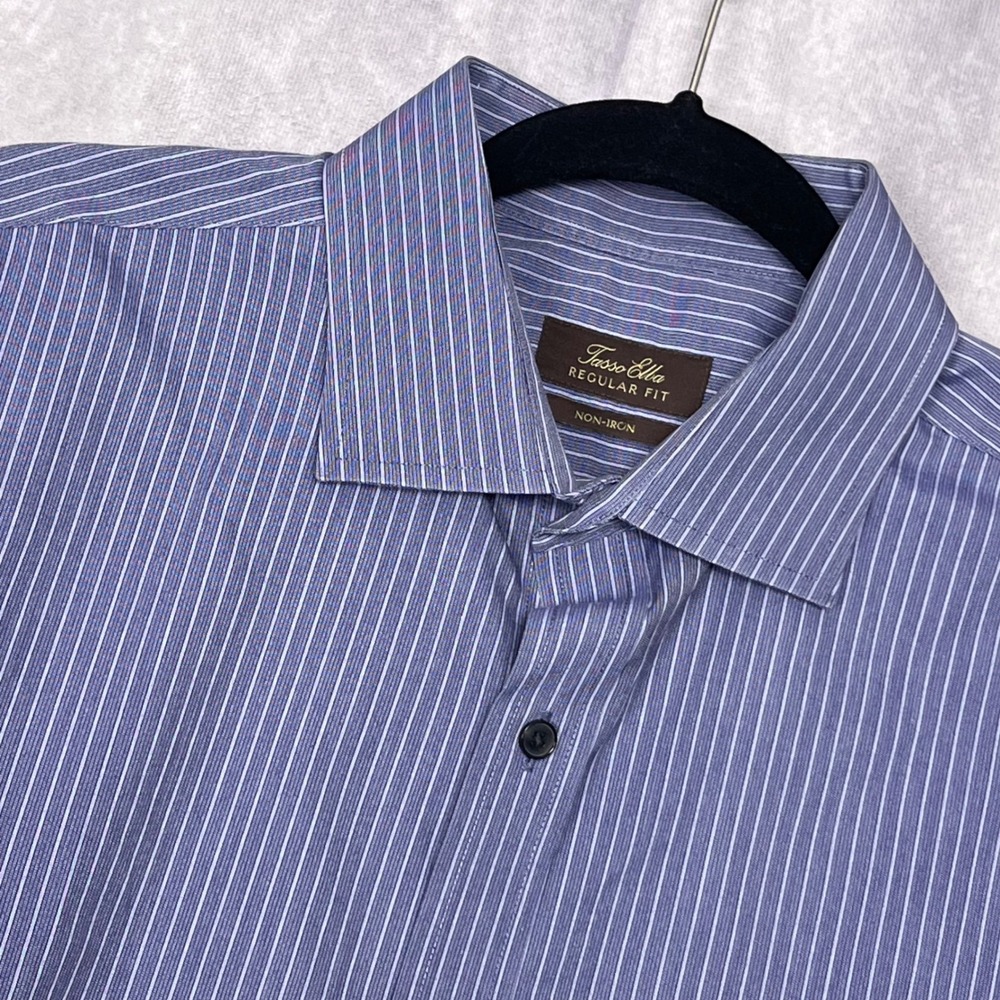 Tasso Elba Dress Shirt Mens 17 34/35 XL Blue/Gray Striped Non-Iron Cotton